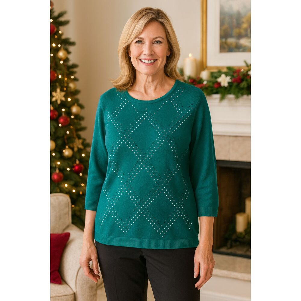 Alfred Dunner Woman's XL Silver/Blk Embellished Sweater Knit Festive Top #W